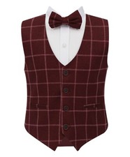 Boys Tweed Windowpane Check Waistcoat Cotton 3 Piece Pageboy Wedding Bowtie Set