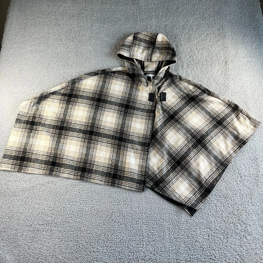 NEW French Connection Poncho Womens Small Medium Beige Black Plaid Wool Hoodie
