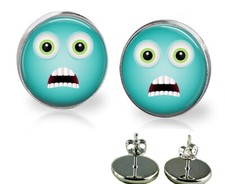 Horrified Emoji Smiley Face Glass Top Girls Stud Earrings 3 Sizes Handmade Gift