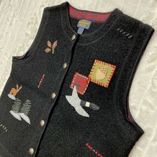 Woolrich Goose Moose Cabin Patchwork Black Wool Sweater Vest Women s Size L 9120