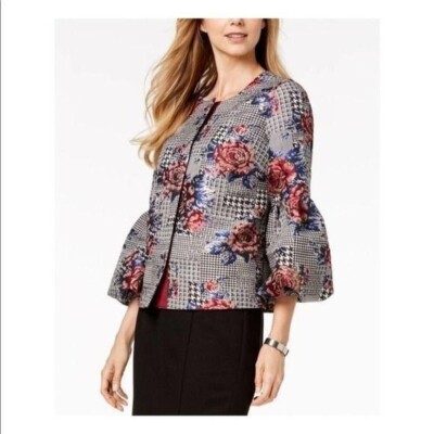 ALFANI Black White Bubble Sleeve Floral Print Jacket Coat Size