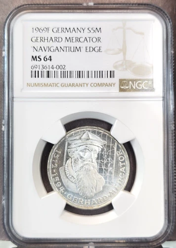 1969 GERMANY SILVER 5 MARK GERHARD MERCATOR NGC MS 64 BEAUTIFUL BU