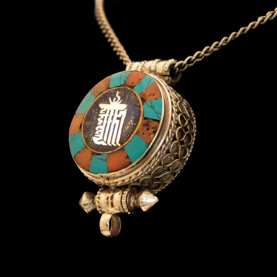 Amuleto 925 Ciondolo IN Argento Turchese Lapis Lazuli Corallo Kalachakra Gau - Immagine 3 di 4