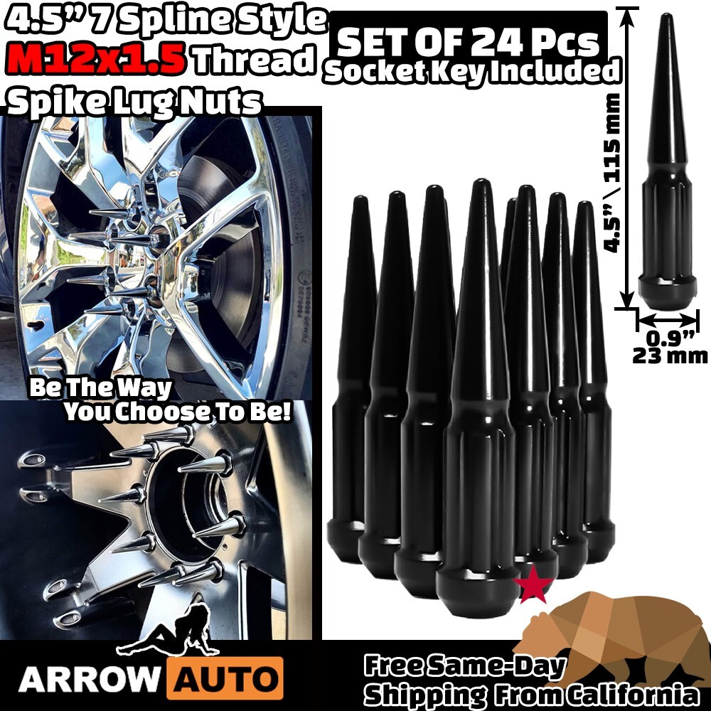 24Pc 4.5 TALL BLACK 12x1.5 SOLID SPIKE LUG NUT+KEY FIT 6LUG