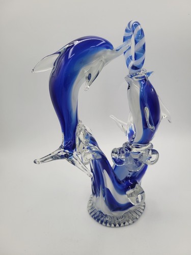 Murano Style Art Glass Dolphin Pair Playing With Hoop Figurine Sculpture Blue - 第 5/7 張圖片