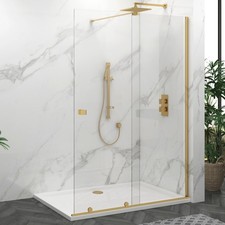 Brushed Brass Walk In Wet Room Sliding Shower Screen 8mm Glass Panel 1950mm Tall