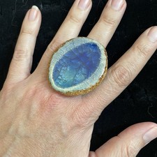 Cobalt Aqua Brown Oval Handmade Artisan Ceramic Glass Ring Adjustable Oversized