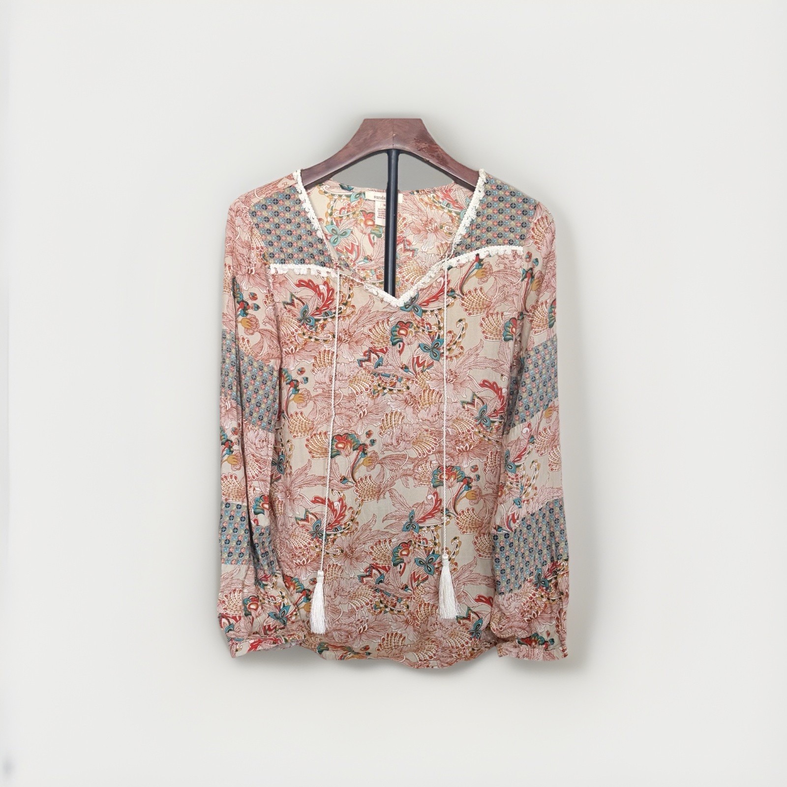 Sundance Women's S Rayon Multicolor Floral V-Neck Tie Tassel Long Sleeve Blouse