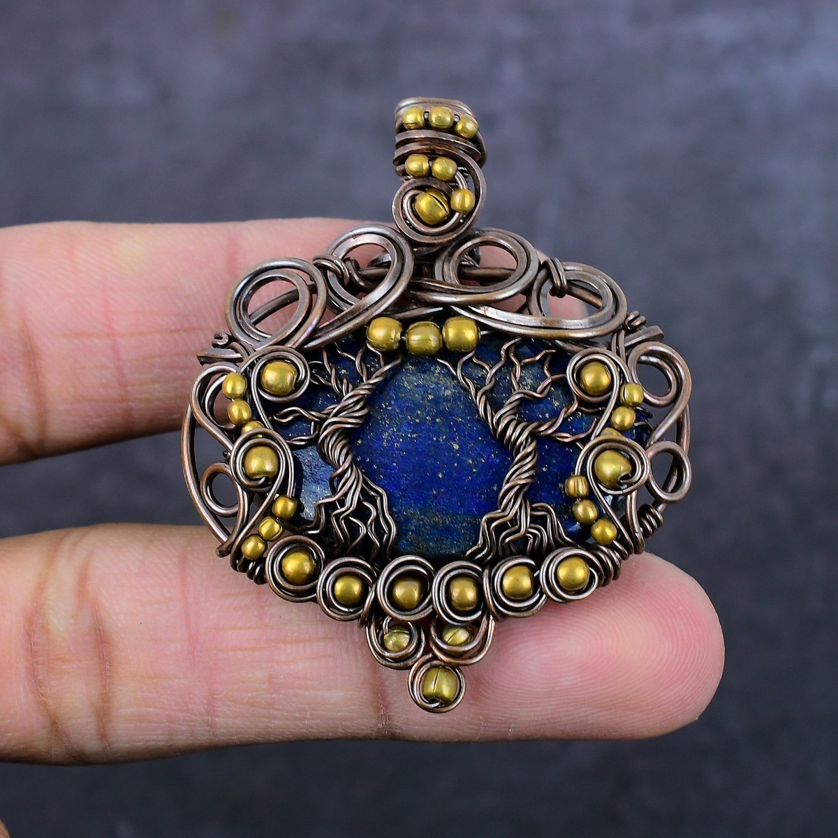 Lapis Lazuli Gemstone Copper Wire Wrap Tree Of Life Jewelry