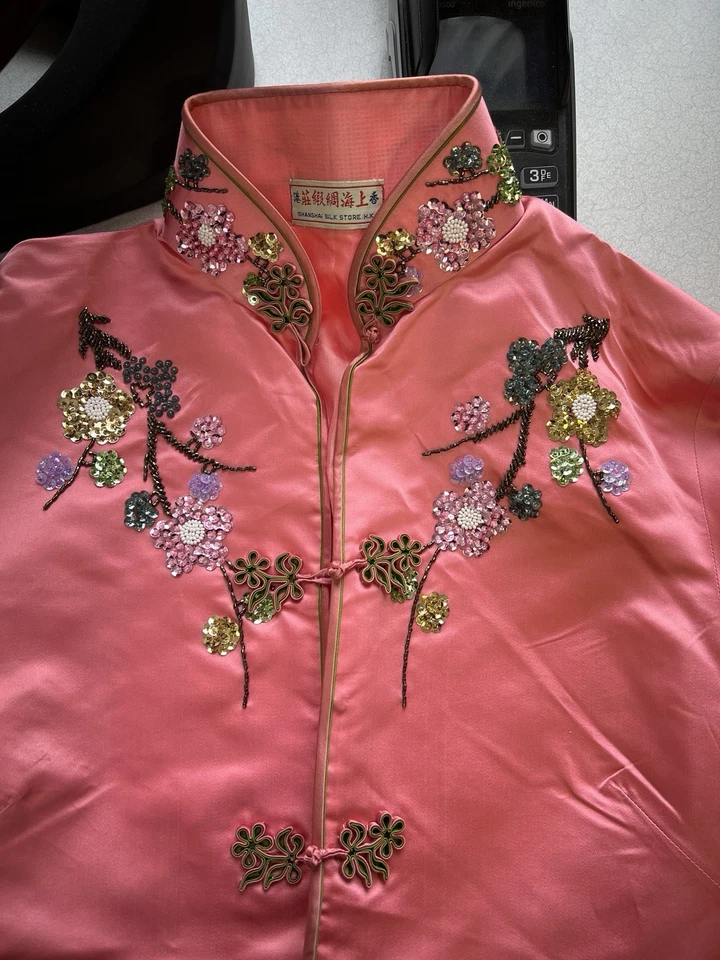 Conjunto de ropa de salón asiática china bordada floral seda vintage de 2 piezas Foto 3 de 4