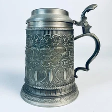 VTG Pewter Beer Stein w Lid Hüttebräuker Creation Rein Zinn Germany Hunting Deer