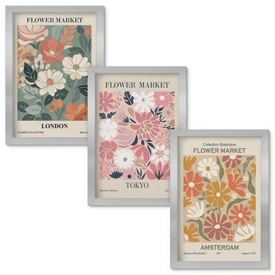 Wandgestaltung Silberrahmen Blumenmuster London Tokio Amsterdam 3er 20x30 cm