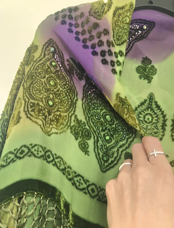 Boho Beaded Embroidered Fringe Shawl – Green & Purple NWOT XL - Image 4 of 4