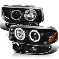 Black Led Halo Projector Headlamps Bumper Lights Pair 2001-2006 Gmc Yukon Denali