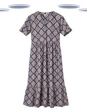 Ex White Stuff Women's Midi Dress - Boho-Chic Geometric Short Sleeve Jersey Blue