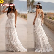 Boho A-Line Wedding Dresses Spaghetti Straps Backless Lace Applique Bridal Gowns