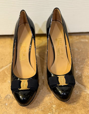 Salvatore Ferragamo Women's Black Patent Leather Bow Logo Pumps US 8.5 B