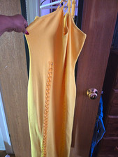 Highlight Yellow Rib Knit Bodycon Midi Dress Square Neck Strappy M Rayon