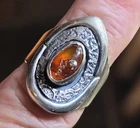 ~VINTAGE TAXCO MEXICO ARTIST SIGNED STERLING SILVER 925 w/ AMBER RING SIZE 9~