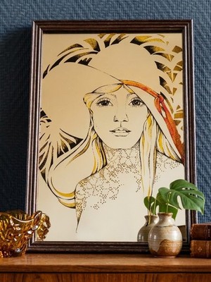 Vintage Spiegel Siebdruck 70er Jahre - Portrait Frau Hut Capeline Boho Chic