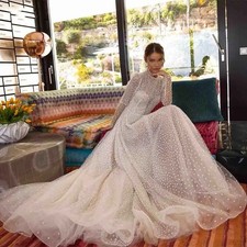 Dotted Tulle Wedding Dresses Long Sleeve Boho High Neck Champagne Lining Gowns