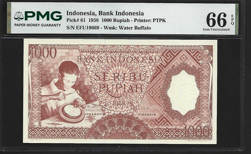 Indonesia 1000 Rupiah  1958 PMG 66 EPQ UNC P#61, Series EFU  Bank  Indonesia