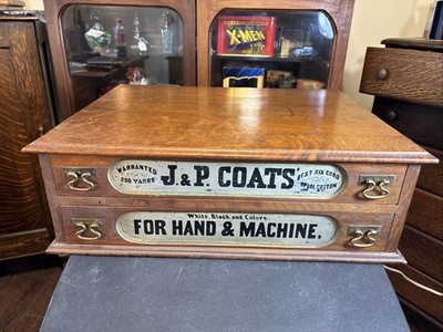 Antique J & P Coats 2 Drawer Cherry Spool Cabinet Country Original Advertising