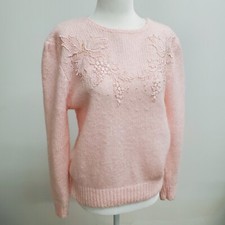 Vintage 80s Pastel Pink Fluffy Sweater Pearl Beaded Cottage Puff Sleeve Medium