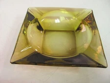 Vintage Mid Century Modern Yellow Green Clear Glass 6" Square Cigar Ashtray