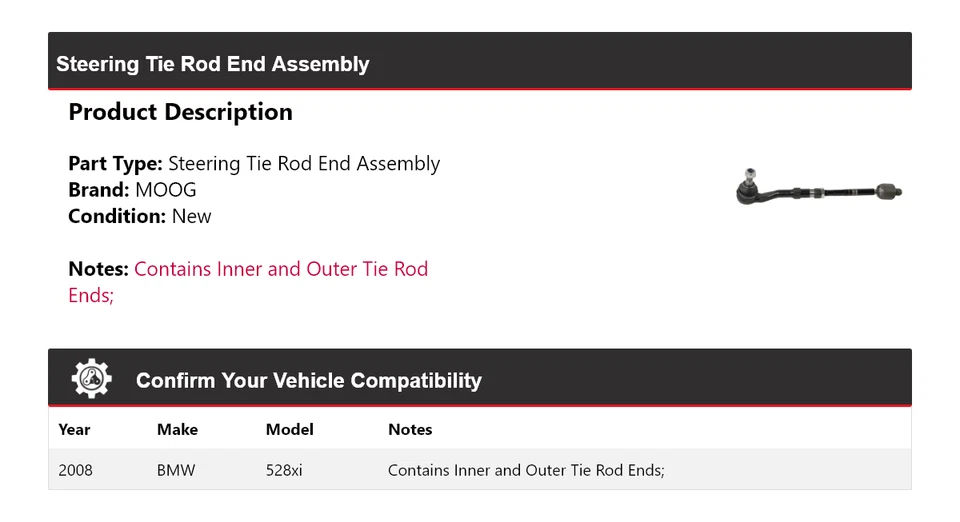 Конец рулевого троса в сборе для 2008 BMW 528xi MOOG - Изображение 2 из 4