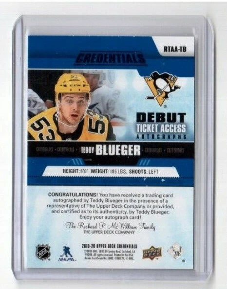 Teddy Blueger Penguins 2019-20 UD Credentials Debut Ticket Access Auto RTAA-TB - Image 2 of 2