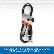 Image of Stagecore 1.5m 3.5mm Stereo Jack 2x 6.35mm 1/4" Mono Jack Cable Left/Right Lead