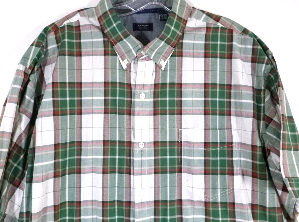 Arrow-Mens Short Sleeve Casual Button Down Shirt-2XL XXL-Green Plaid - Image 2 of 4