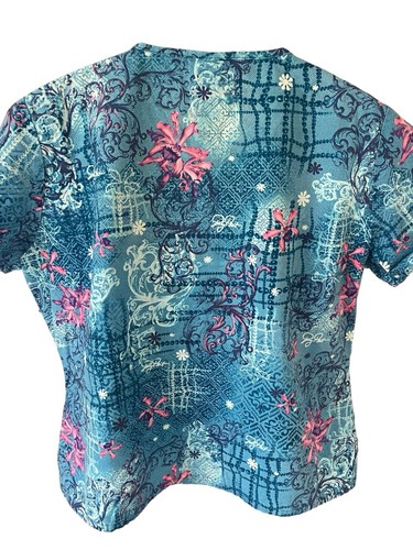 Baby Phat Scrub Top Women's Large Blue White Pink Floral Abstract V-Neck - Picture 2 of 8