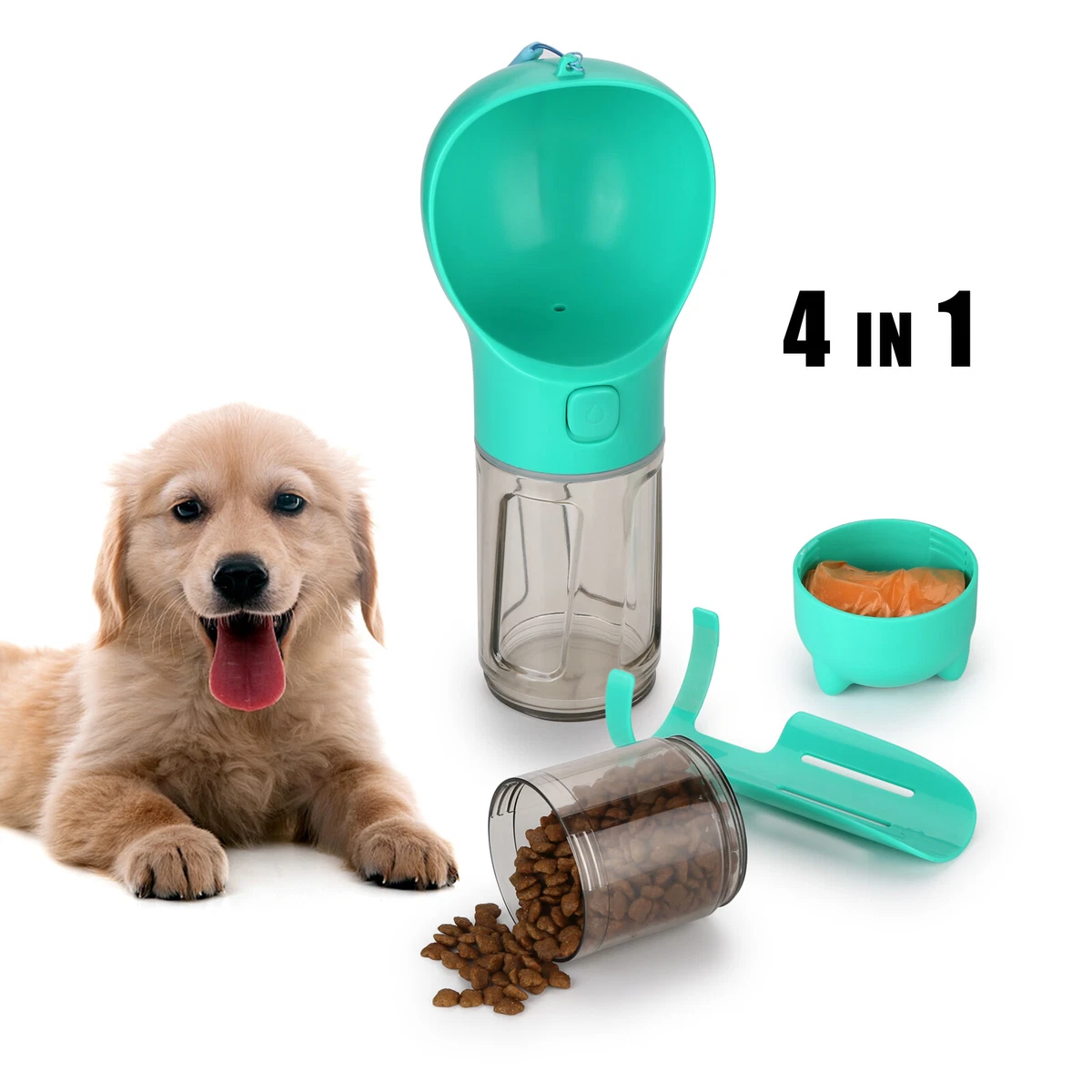 Portable Dog Food Feeder, Poop Scoop, Water Dispenser 4 in 1 Dog