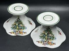 Elizabethan Christmas Candle Holder SET (2) Seasons Greetings Tree Staffordshire