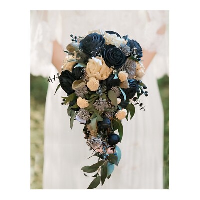 Sola Wood Brooch Bouquet With Real Flowers Dusty Blue Gray Bridal