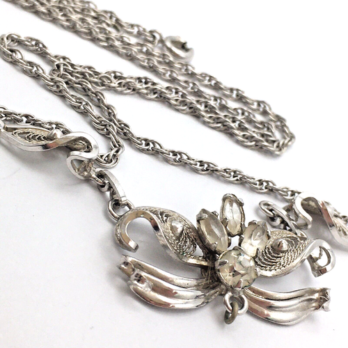 Vintage Am Lee Sterling Silver Filigree Necklace Rhodium Plated Crystal *AS IS* - Picture 3 of 6