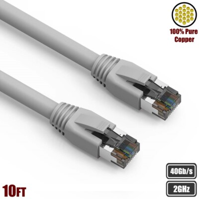 10FT Cat8 RJ45 Network LAN Ethernet S/FTP Shielded Cable Copper 2GHz 40Gbps Gray