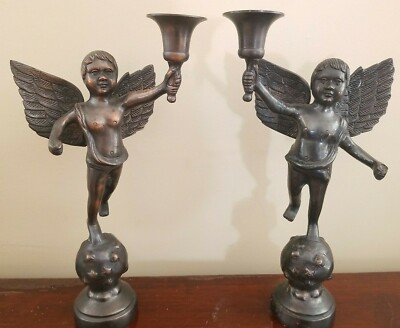 Cherub Bronze Candle Holders Cupid Angels Wings Pair  3 Lbs Each Vintage Gothic