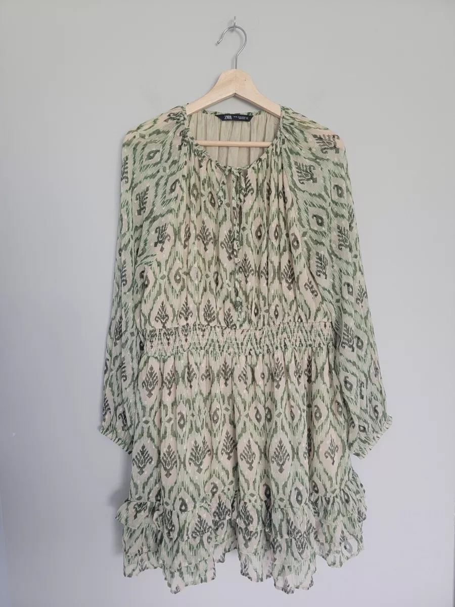 Zara Womens XL Mini Dress Printed Plumetis Green Ivory Ruffle