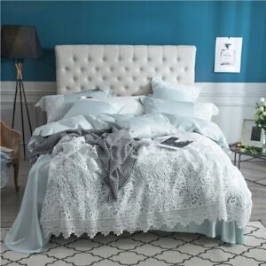 Luxury Egypt Cotton Deluxe Lace Bedding Set Sew Pearls Silky Duvet