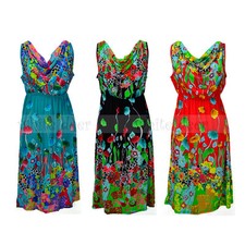 Women's Floral Flower Dress Sundress Sleeveless Waistband Black Turquoise Red