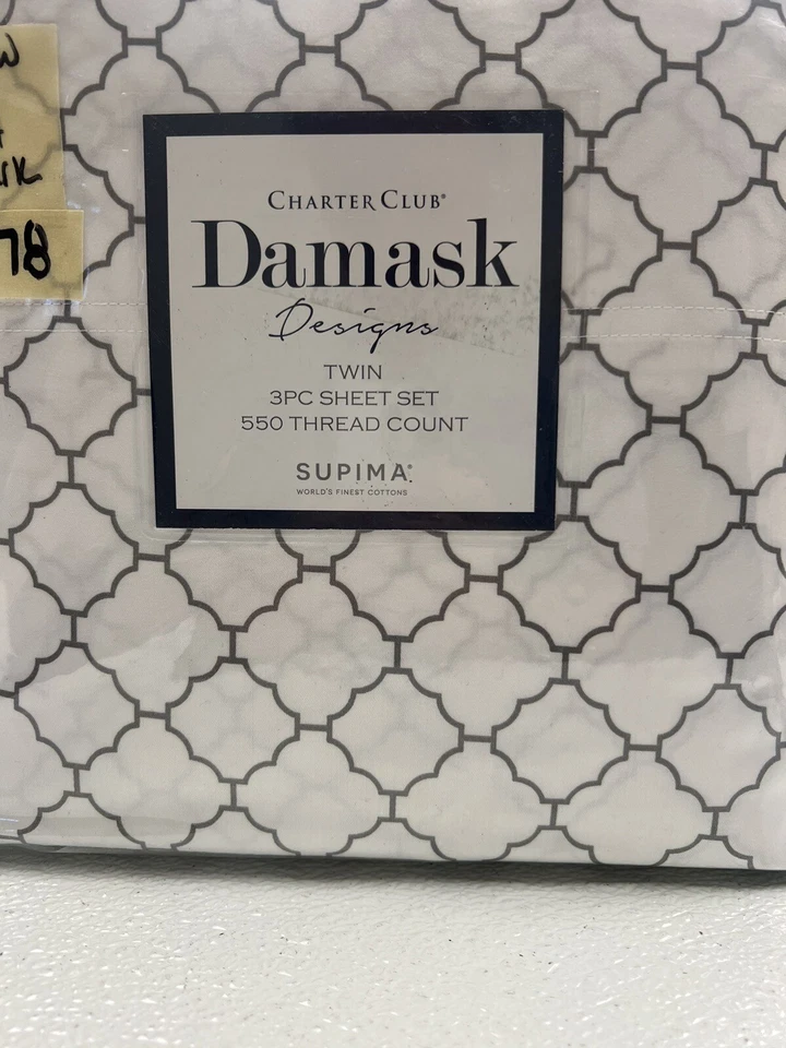 Juego de sábanas dobles Charter Club Damask Designs Geo 550 TC blanco y humo nuevo con defecto Foto 3 de 4
