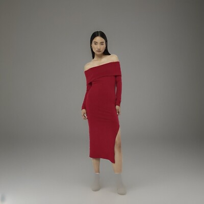 👉RI Womens❤️Bodycon Midi Dress Red Bardot Long Sleeve Split Hem💐 UK