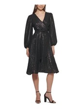KENSIE Womens Black Long Sleeve Knee Length Party Fit  Flare Dress 2