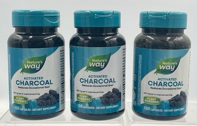 Lot of 3 Nature's Way Activated Charcoal 100 Capsules Gas Relief 560mg EXP 12/29