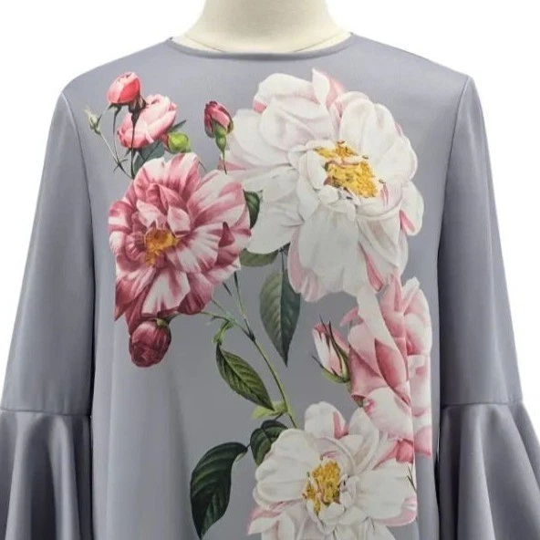 Ted Baker London Womens 8 Dress Sayda Iguaza Bell Sleeve Floral Gray Mini Shift - Image 2 of 4