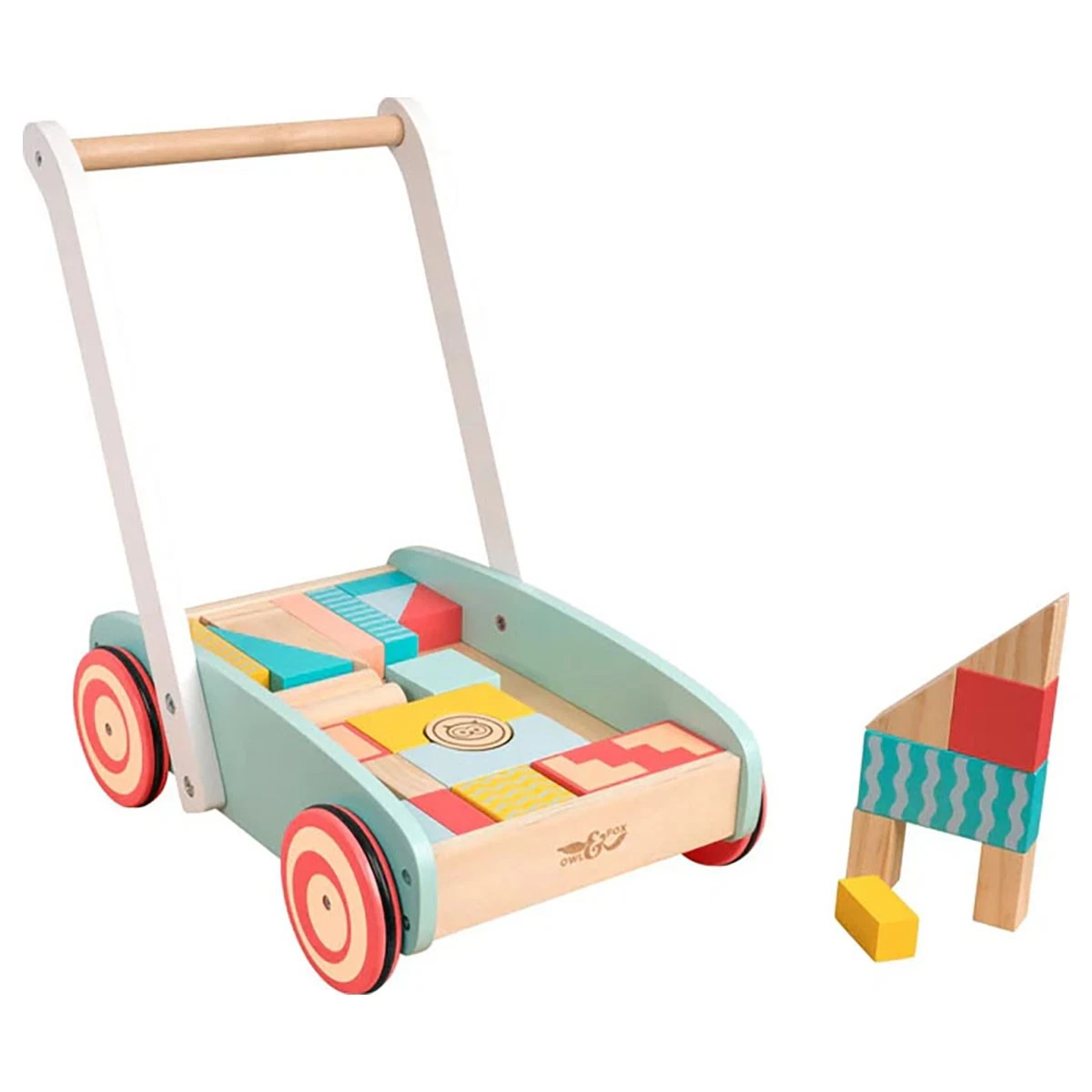 Wooden Baby Walker with Building Blocks - Toddler Push Toy Learning Aid