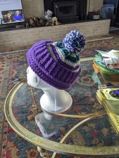 Hand Knit Winter Beanie Hat Purple, Green Cream One-Size. Great Stocking Stuffer